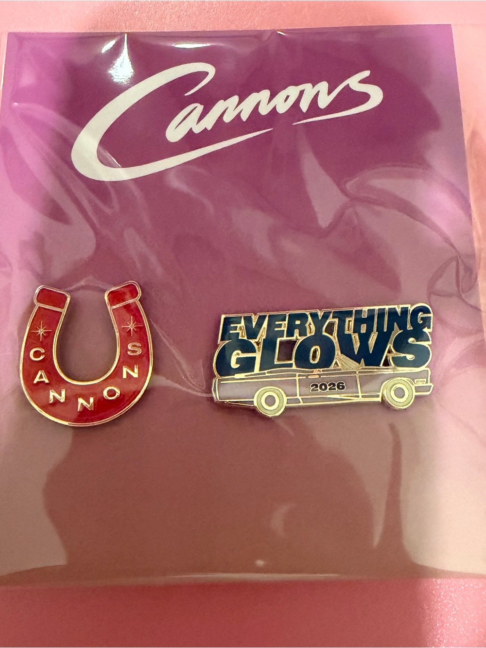 Cannons Enamel Pin Set - Red Horseshoe & Blue 'Everything Glows' Car